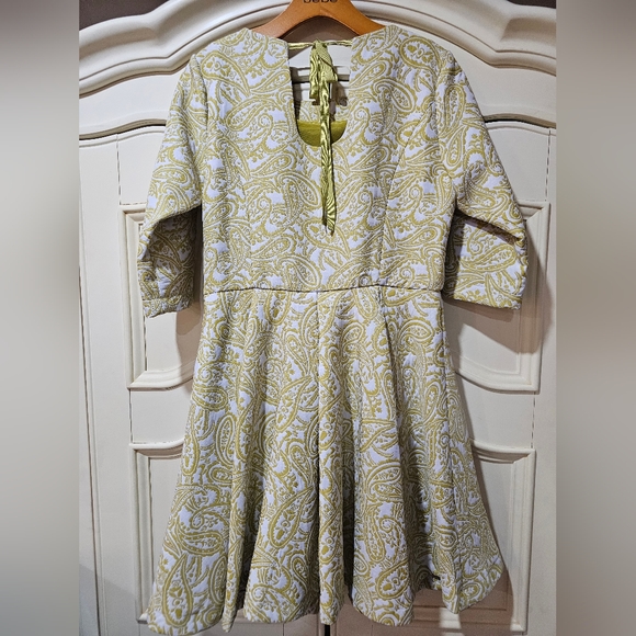 Lucy & Co Large Pleated Paisley Flare Skater Dress Chartreuse Baroque Brocade - Picture 2 of 11